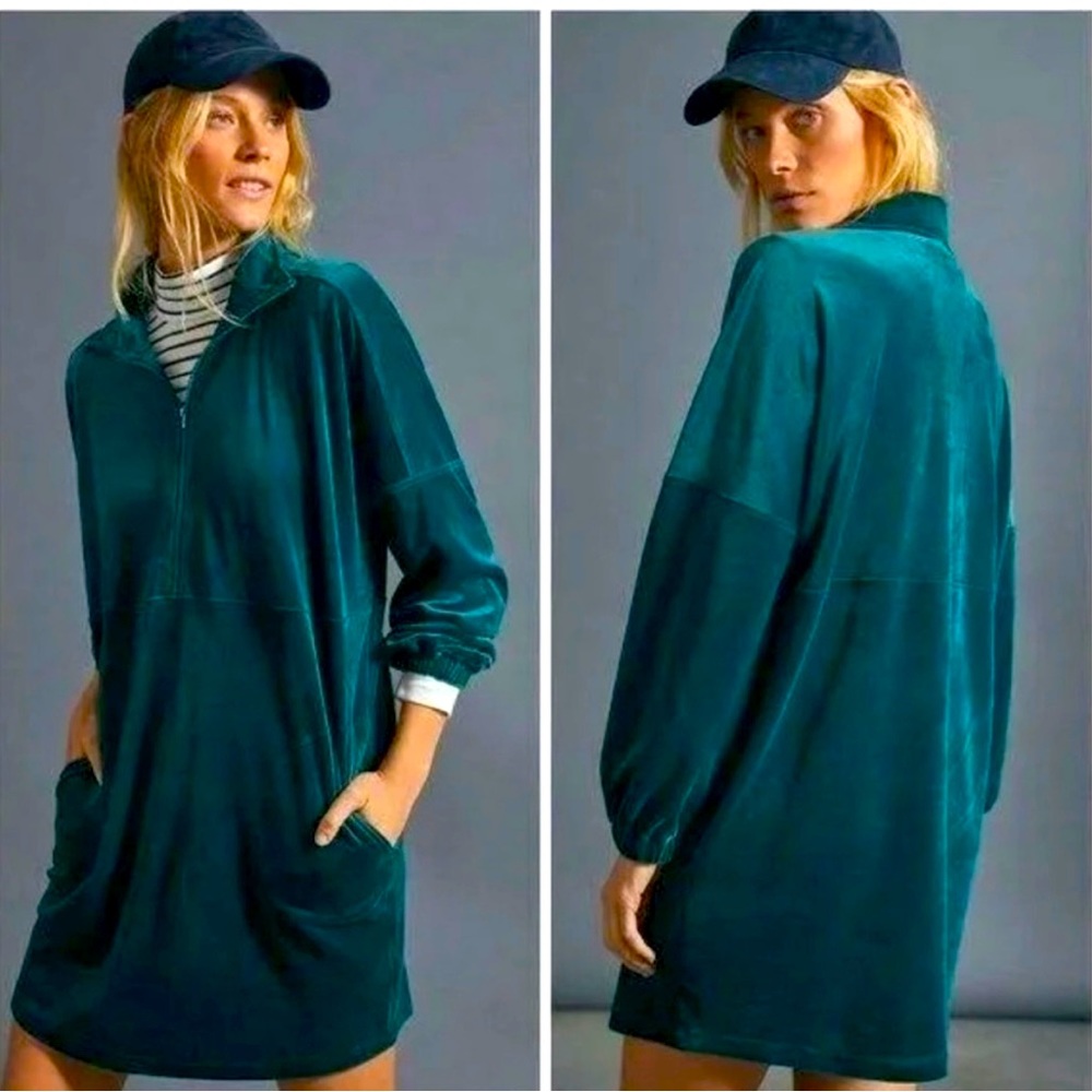 Oversized teal velour zip front dress Anthropologie